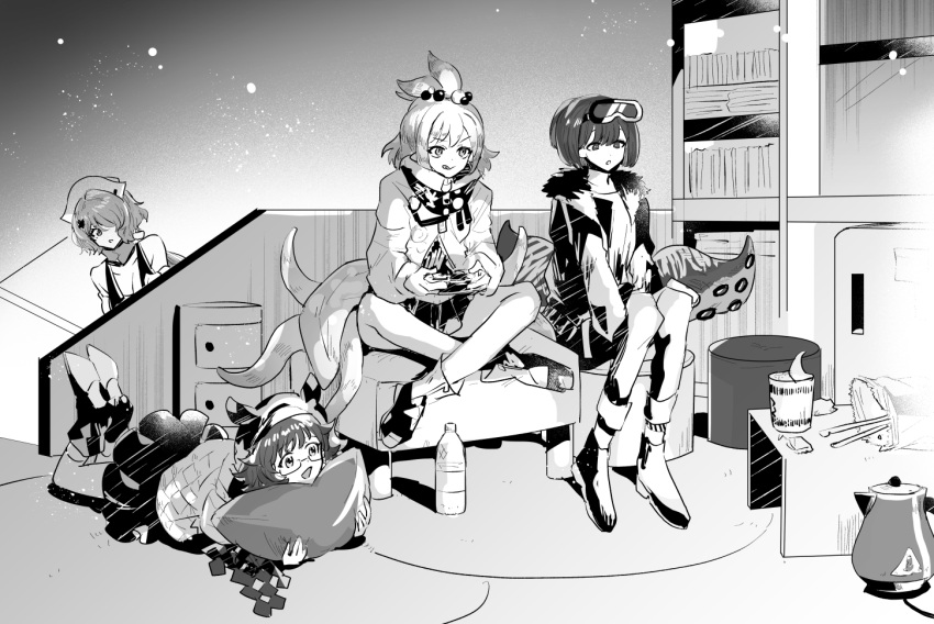 4girls andreana_(arknights) arknights bag_of_chips bottle chopsticks controller crossed_legs cup_ramen deepcolor_(arknights) electric_kettle full_body fur-trimmed_jacket fur_trim game_controller glasses goggles goggles_on_head hair_bobbles hair_ornament hair_over_one_eye hat holding holding_controller holding_cushion holding_game_controller iwashi_80 jacket kettle kirara_(arknights) legs_up lying multiple_girls nurse_cap on_stomach playing_games shelf shoes short_hair sitting skirt stairs stool table tentacles water_bottle whisperain_(arknights)
