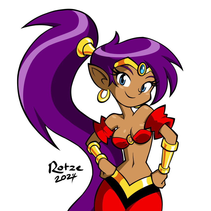 2024 absurd_res blue_eyes breasts brown_body brown_skin clothing ear_piercing ear_ring female genie hair hi_res humanoid humanoid_pointy_ears long_hair not_furry piercing ponytail purple_hair ring_piercing rotzedust shantae shantae_(series) signature simple_background smile solo wayforward