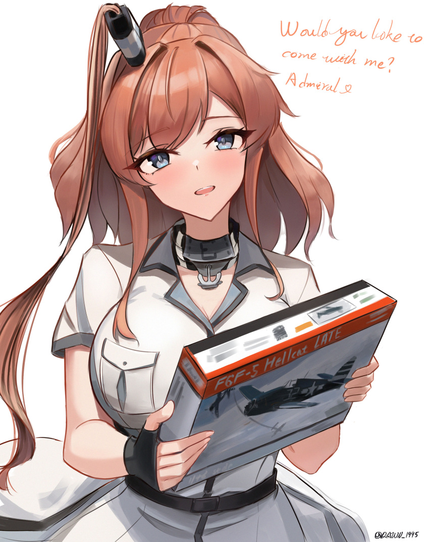 1girl absurdres blue_eyes blush box box_art breast_pocket breasts brown_hair dawn_1945 dress english_text f6f_hellcat hair_between_eyes hair_ornament high_side_ponytail highres kantai_collection large_breasts long_hair looking_at_viewer model_kit open_mouth pocket ponytail saratoga_(kancolle) saratoga_mk_ii_(kancolle) side_ponytail smile smokestack solo twitter_username white_background white_dress