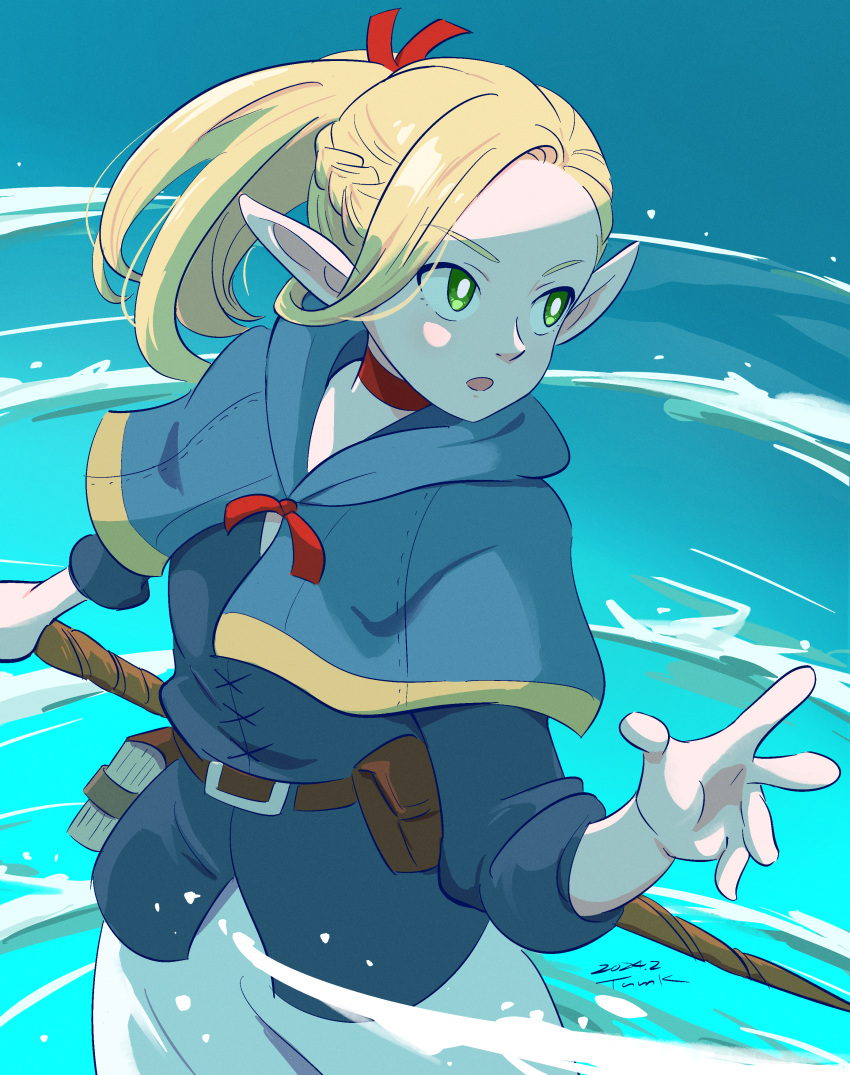 1girl absurdres belt_pouch blonde_hair blue_capelet blue_robe braid bright_pupils capelet casting_spell choker dated dungeon_meshi elf green_eyes highres holding holding_staff hydrokinesis long_hair magic marcille_donato open_mouth pants pointy_ears ponytail pouch red_choker robe signature solo staff tsunemoku water white_pants white_pupils