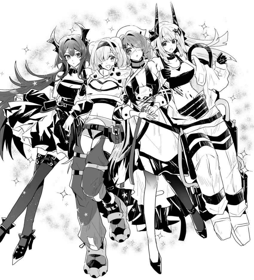 4girls :d :o animal_ears arknights aurora_(arknights) bear_ears bear_girl breasts cleavage cleavage_cutout clothing_cutout detached_sleeves dress eyepatch full_body gloves greyscale hair_intakes hair_ornament hair_over_one_eye hairband hat highres horns infection_monitor_(arknights) iwashi_80 jacket jumpsuit locked_arms long_sleeves material_growth midriff monochrome mudrock_(arknights) mudrock_(elite_ii)_(arknights) multiple_girls navel nurse_cap open_mouth oripathy_lesion_(arknights) patch paw_shoes shoes shorts simple_background smile sparkle sparkle_background sports_bra surtr_(arknights) thighhighs whisperain_(arknights) white_background x_hair_ornament