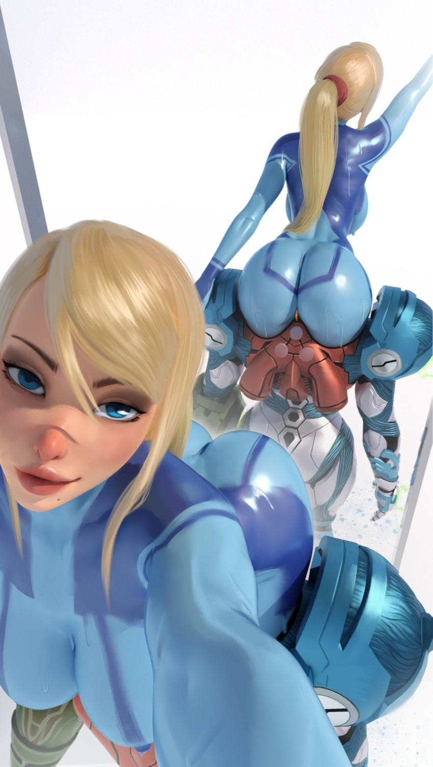 1girl absurdres arm_up ass blonde_hair blue_eyes bodypaint breasts highres huge_ass looking_at_viewer metroid metroid_dread mole mole_under_mouth multiple_views naked_paint painted_clothes popogori power_suit samus_aran scar scar_on_face scar_on_nose selfie simple_background sitting smile solo zero_suit