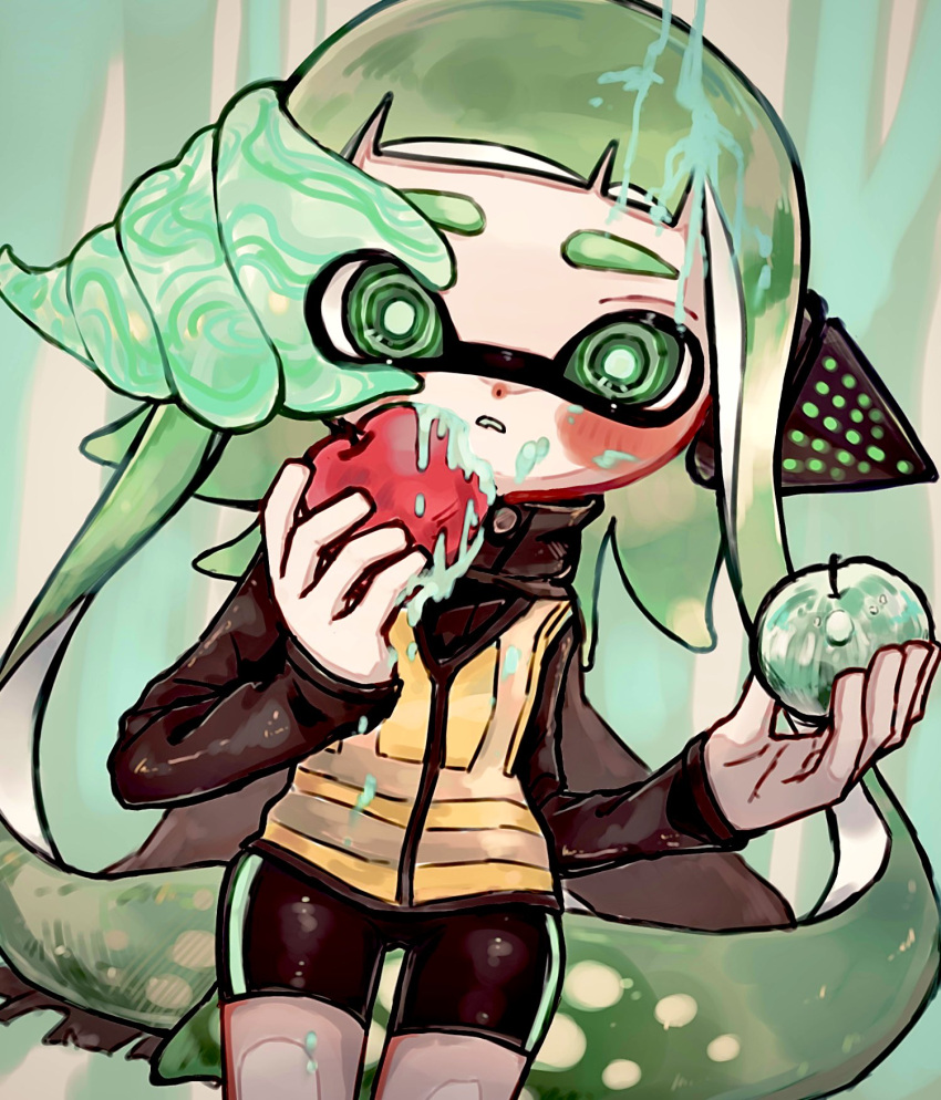 1girl agent_3_(splatoon) apple bike_shorts commentary_request food fruit green_eyes headphones highres holding holding_food holding_fruit inkling inkling_girl inkling_player_character parasite sleeves_past_wrists solo splatoon_(series) splatoon_2 splatoon_2:_octo_expansion suku1do thick_eyebrows