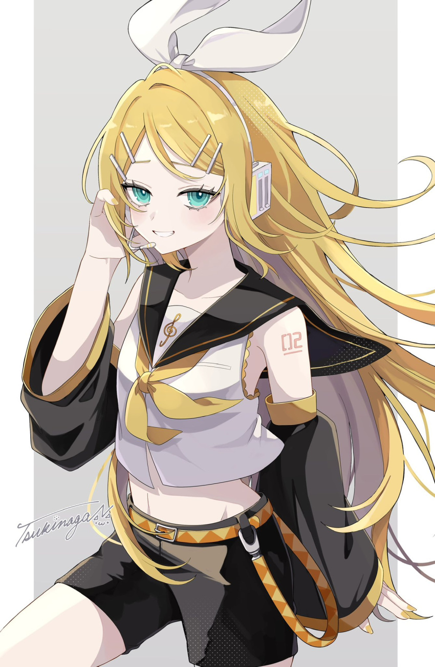 1girl :d arm_at_side bangs_pinned_back belt black_sailor_collar black_shorts black_sleeves blonde_hair blue_eyes blush bow bow_hairband buckle cowboy_shot cropped_shirt detached_sleeves floating_hair grey_background grin hair_ornament hairband hairpin hand_in_own_hair headset highres kagamine_rin leg_up long_hair long_sleeves looking_at_viewer loose_belt naguno-0713 neckerchief number_tattoo open_mouth parted_bangs pillarboxed sailor_collar shirt shorts sidelocks signature simple_background smile solo straight_hair tattoo teeth vocaloid white_bow white_hairband white_shirt yellow_belt yellow_neckerchief