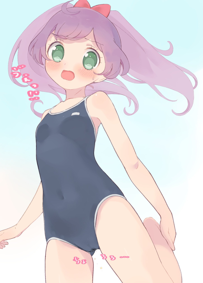 1girl aged_up ass_visible_through_thighs bare_arms bare_legs barefoot blue_background blue_one-piece_swimsuit blush bow cameltoe competition_school_swimsuit covered_navel cowboy_shot embarrassed flat_chest floating_hair gradient_background green_eyes hair_bow highres holding_own_foot hyakumangoku_masurao leg_up long_hair manaka_laala no_pupils one-piece_swimsuit open_mouth pee pee_leak pee_stain pretty_series pripara purple_hair red_bow school_swimsuit solo sound_effects standing standing_on_one_leg sweatdrop swimsuit twintails white_background