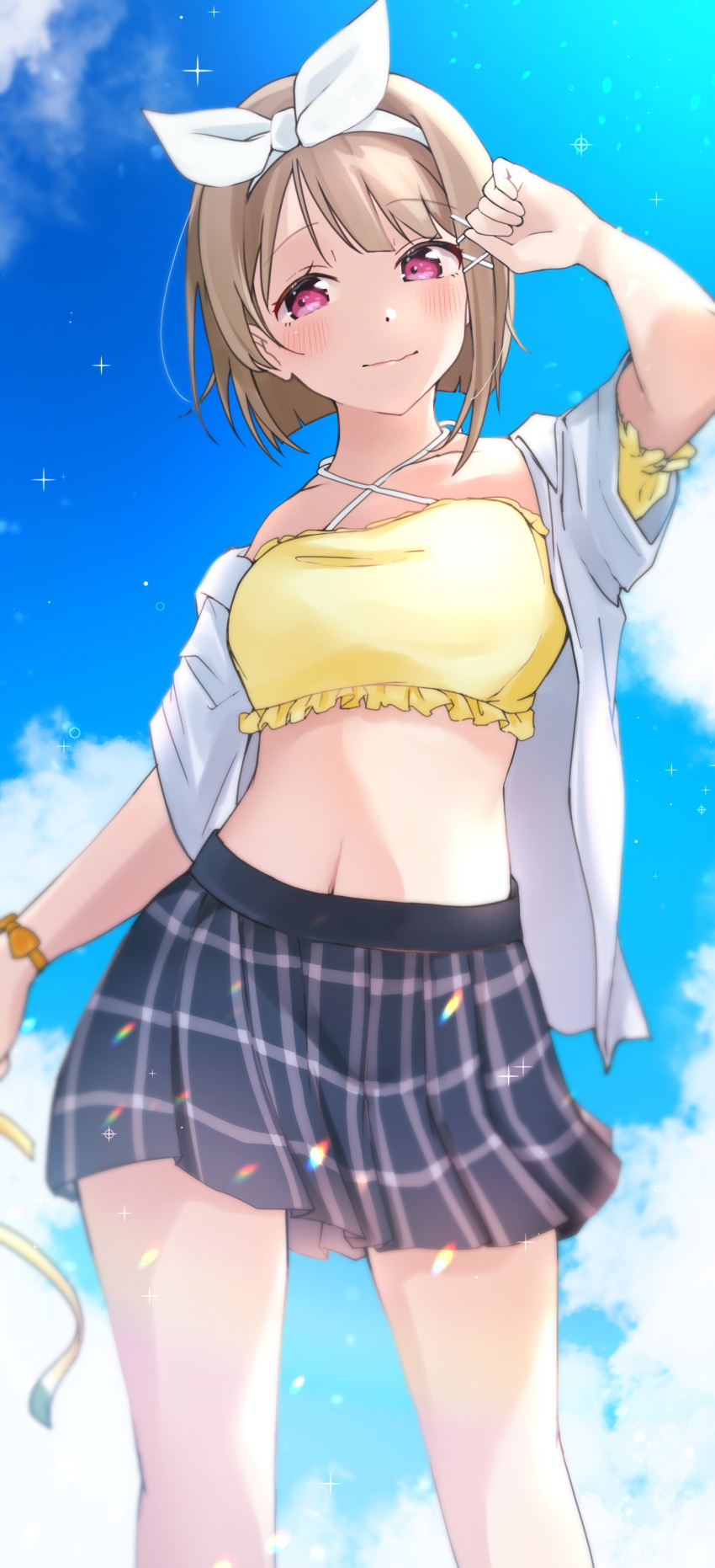 1girl absurdres bikini blue_skirt blue_sky blush closed_mouth commentary_request grey_hair hairband hand_up highres holding holding_ribbon looking_at_viewer love_live! love_live!_nijigasaki_high_school_idol_club midriff nakasu_kasumi navel nyako_(utaneko31) open_clothes open_shirt plaid plaid_skirt purple_eyes ribbon shirt short_hair skirt sky solo standing swept_bangs swimsuit upper_body white_hairband white_shirt yellow_bikini yellow_ribbon