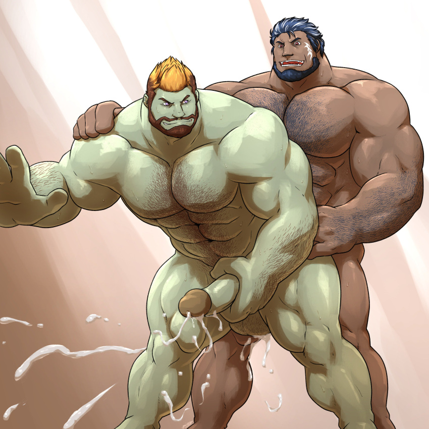 2boys abs absurdres anal bara beard colored_skin colored_tips couple cum cum_in_ass cum_overflow dark-skinned_male dark_skin ejaculating_while_penetrated ejaculation erection facial_hair feet_out_of_frame final_fantasy final_fantasy_xiv full_beard green_skin grisser_art hairy happy_sex highres interracial large_pectorals male_focus male_penetrated mature_male multicolored_hair multiple_boys muscular muscular_male mutual_orgasm navel navel_hair nipples orgasm original pectorals roegadyn sex sex_from_behind smile spiked_hair standing standing_sex thick_arm_hair thick_chest_hair thick_eyebrows thick_thighs thighs two-tone_hair yaoi