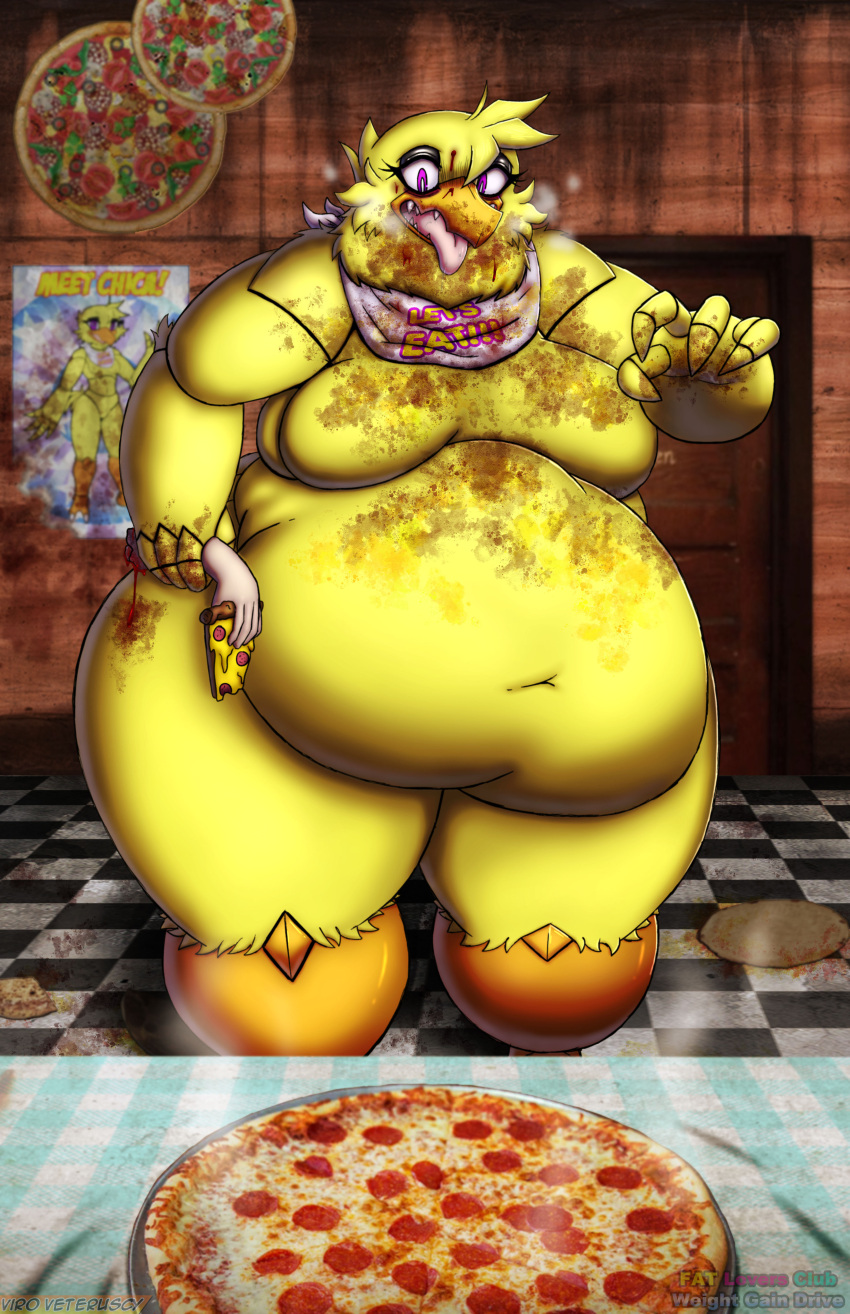 2024 absurd_res animatronic anthro avian beak belly belly_expansion bib big_belly big_breasts bird blood bodily_fluids breasts breath cheese chica_(fnaf) chicken dairy_products deep_navel dialogue digital_media_(artwork) door drooling english_text expansion feathers featureless_breasts female fingers five_nights_at_freddy's food galliform gallus_(genus) gore hi_res machine messy navel obese obese_anthro obese_female open_mouth overweight overweight_anthro overweight_female panting pepperoni pepperoni_pizza phasianid pink_eyes pizza pizza_slice robot saliva scottgames solo speech_bubble stuffing teeth text thick_thighs tongue tongue_out viroveteruscy weight_gain weight_gain_drive yellow_body yellow_feathers
