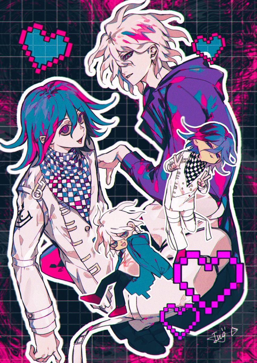 2boys black_hair blood buttons checkered_clothes checkered_scarf chibi danganronpa_(series) danganronpa_2:_goodbye_despair danganronpa_v3:_killing_harmony double_v flipped_hair green_eyes green_jacket grey_hair hair_between_eyes heart highres hood jacket komaeda_nagito long_sleeves looking_at_viewer male_focus medium_hair messy_hair multiple_boys oma_kokichi open_clothes open_jacket open_mouth outline pale_skin pants parted_lips pink_blood pixel_heart profile purple_hair scarf shirt short_hair signature smile straitjacket tai-yaki_(tiyk_0807) v white_outline white_shirt