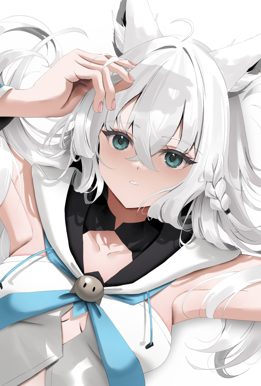 1girl absurdres ahoge animal_ear_fluff animal_ears aqua_eyes arms_up blue_neckerchief braid breasts commentary detached_sleeves earrings fox_ears fox_girl front_slit hair_between_eyes hand_in_own_hair highres hololive hood hoodie jewelry kaede_nekoshima long_hair long_sleeves looking_at_viewer lying neckerchief on_back parted_lips shirakami_fubuki shirakami_fubuki_(1st_costume) side_braid sidelocks simple_background single_earring solo symbol-only_commentary teeth upper_body virtual_youtuber white_background white_hair white_hoodie white_sleeves wide_sleeves