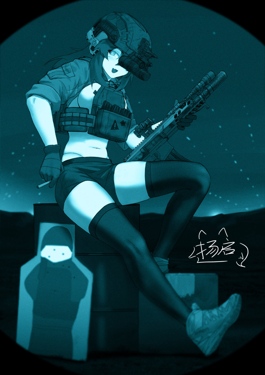 1girl absurdres barrel breasts bulletproof_vest cigarette commission gun highres holding holding_cigarette holding_gun holding_weapon large_breasts long_hair looking_at_viewer magazine_(weapon) monochrome navel open_mouth optical_sight original outdoors qangyi916 rifle shoes shorts sig_mcx signature sitting sleeves_rolled_up solo termichan_(not-a-bot) thighhighs weapon