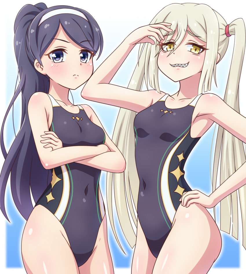 2girls black_hair black_one-piece_swimsuit blue_background blue_eyes breasts closed_eyes competition_swimsuit cowboy_shot crossed_arms gradient_background grin hair_between_eyes hairband hand_on_own_hip highres long_hair looking_at_viewer maria_(princess_connect!) multicolored_clothes multicolored_swimsuit multiple_girls one-piece_swimsuit princess_connect! sharp_teeth slit_pupils small_breasts smile swimsuit teeth tomie_(princess_connect!) twintails white_background white_hair white_hairband yellow_eyes yosuzu