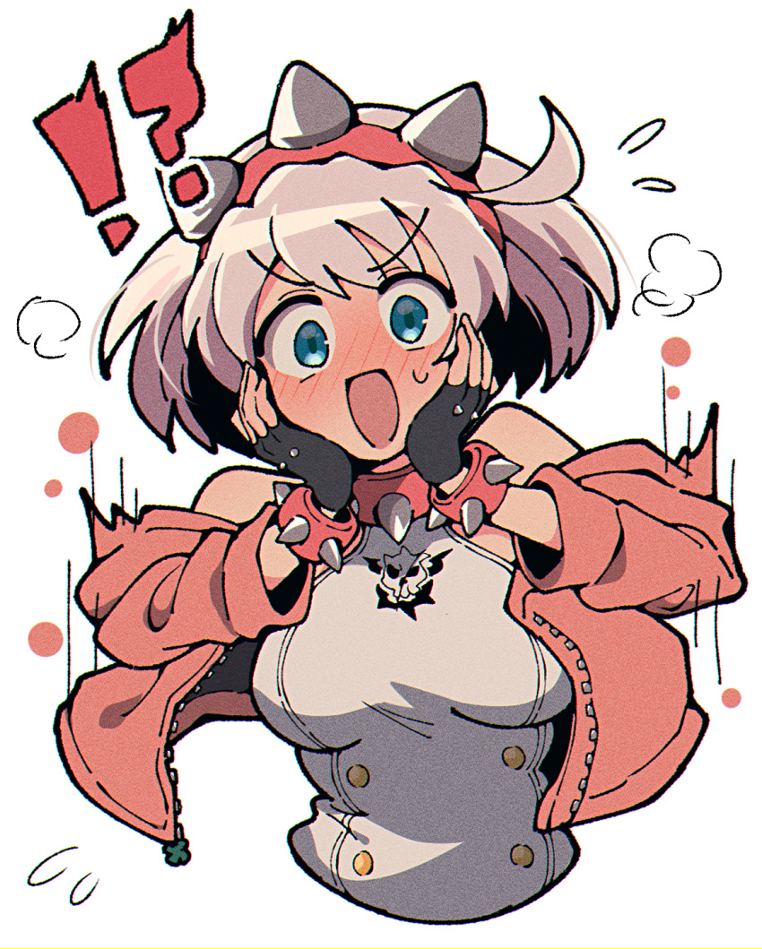 !? 1girl blue_eyes bracelet breasts cropped_torso elphelt_valentine guilty_gear guilty_gear_strive hands_on_own_cheeks hands_on_own_face highres itsuka_neru jacket jewelry large_breasts long_sleeves looking_at_viewer open_mouth pink_jacket simple_background smile solo spiked_bracelet spikes surprised upper_body white_background