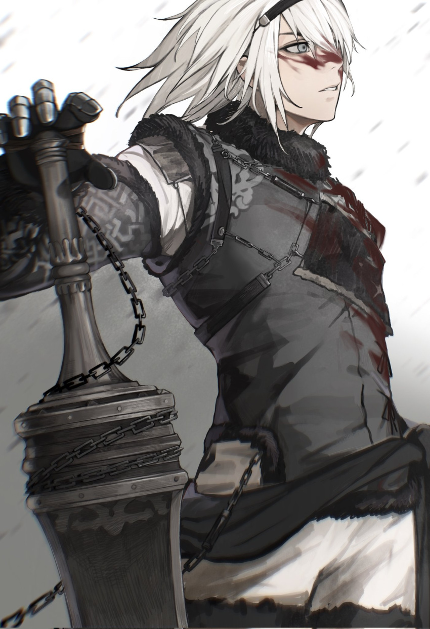 1boy black_hairband blood blood_on_face blue_eyes chain commentary_request hairband highres looking_ahead male_focus medium_hair nier nier_(series) nier_(young) parted_lips simple_background smile solo standing sword teeth tricoliet weapon white_background white_hair