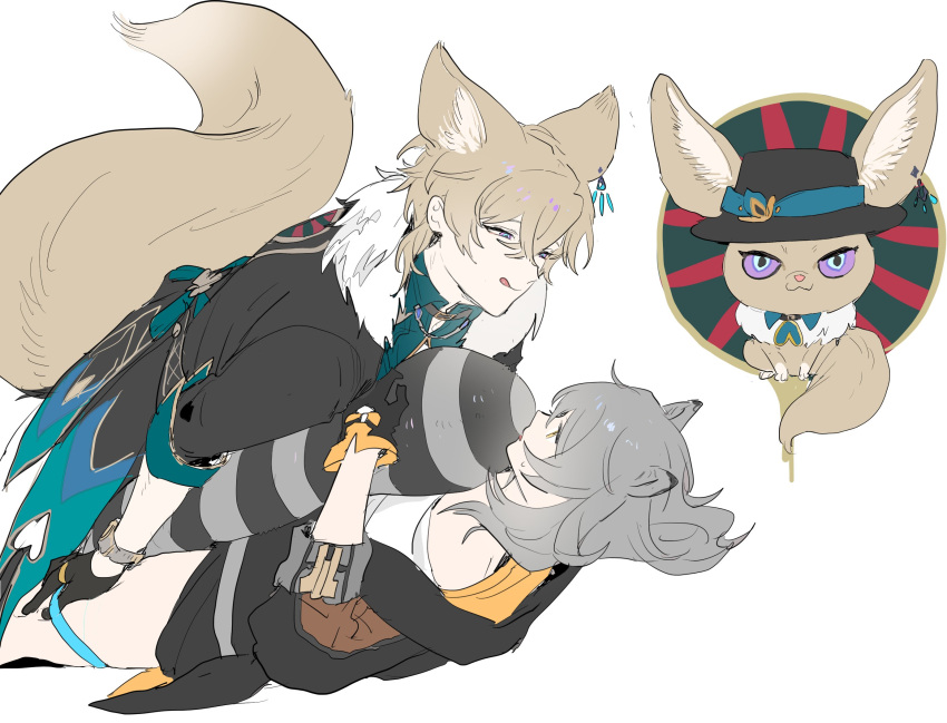 1boy 1girl animal_ears aventurine_(honkai:_star_rail) black_gloves blonde_hair couple dal-gi fox_boy fox_ears fox_tail fur_collar gloves hat hetero highres honkai:_star_rail honkai_(series) jacket raccoon_ears raccoon_girl raccoon_tail shirt short_hair simple_background stelle_(honkai:_star_rail) tail tongue tongue_out trailblazer_(honkai:_star_rail) white_background white_shirt