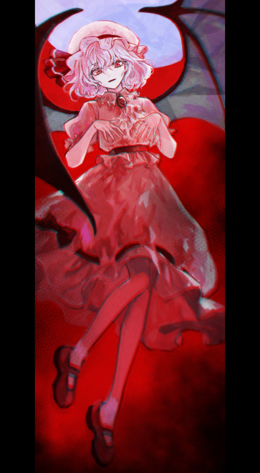 1girl absurdres ascot bat_wings brooch dress embodiment_of_scarlet_devil full_moon highres jewelry looking_at_viewer moon purple_dress red_eyes red_sky remilia_scarlet short_hair short_sleeves sky solo t20210325 touhou vampire wings