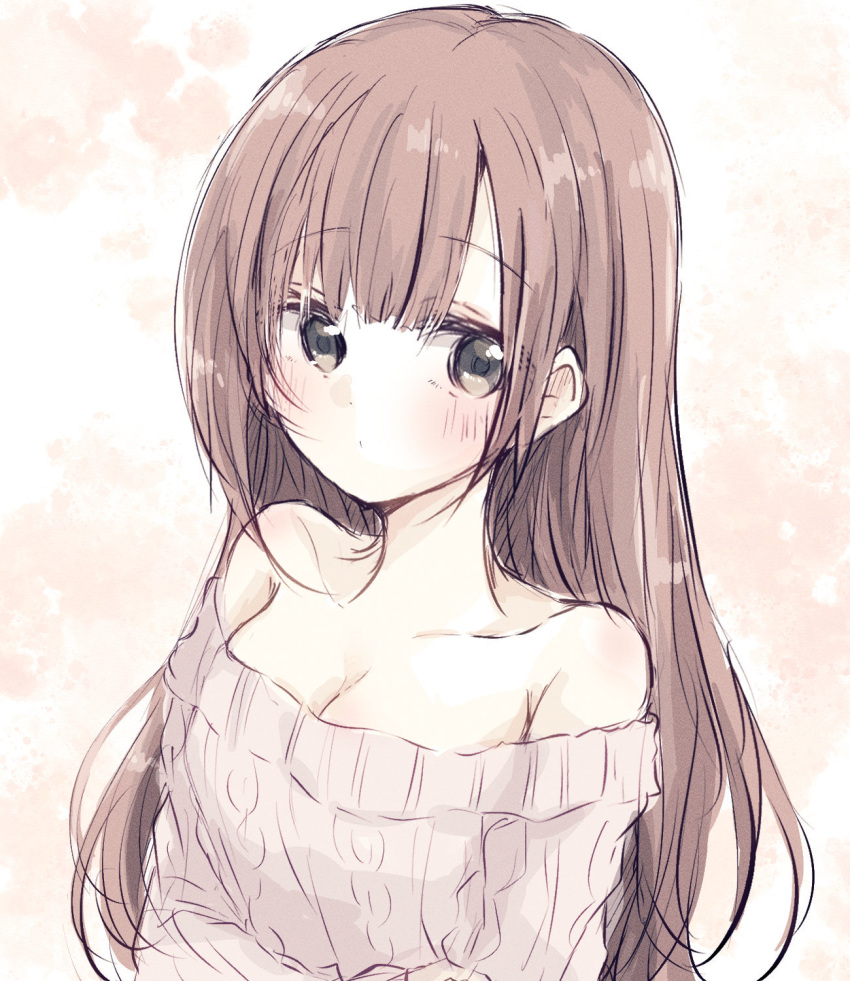 1girl aran_sweater ba_ra_ran bare_shoulders blush breasts brown_hair cable_knit cleavage collarbone highres idolmaster idolmaster_cinderella_girls igarashi_kyoko long_hair looking_at_viewer medium_breasts off-shoulder_sweater off_shoulder solo straight_hair sweater very_long_hair white_sweater