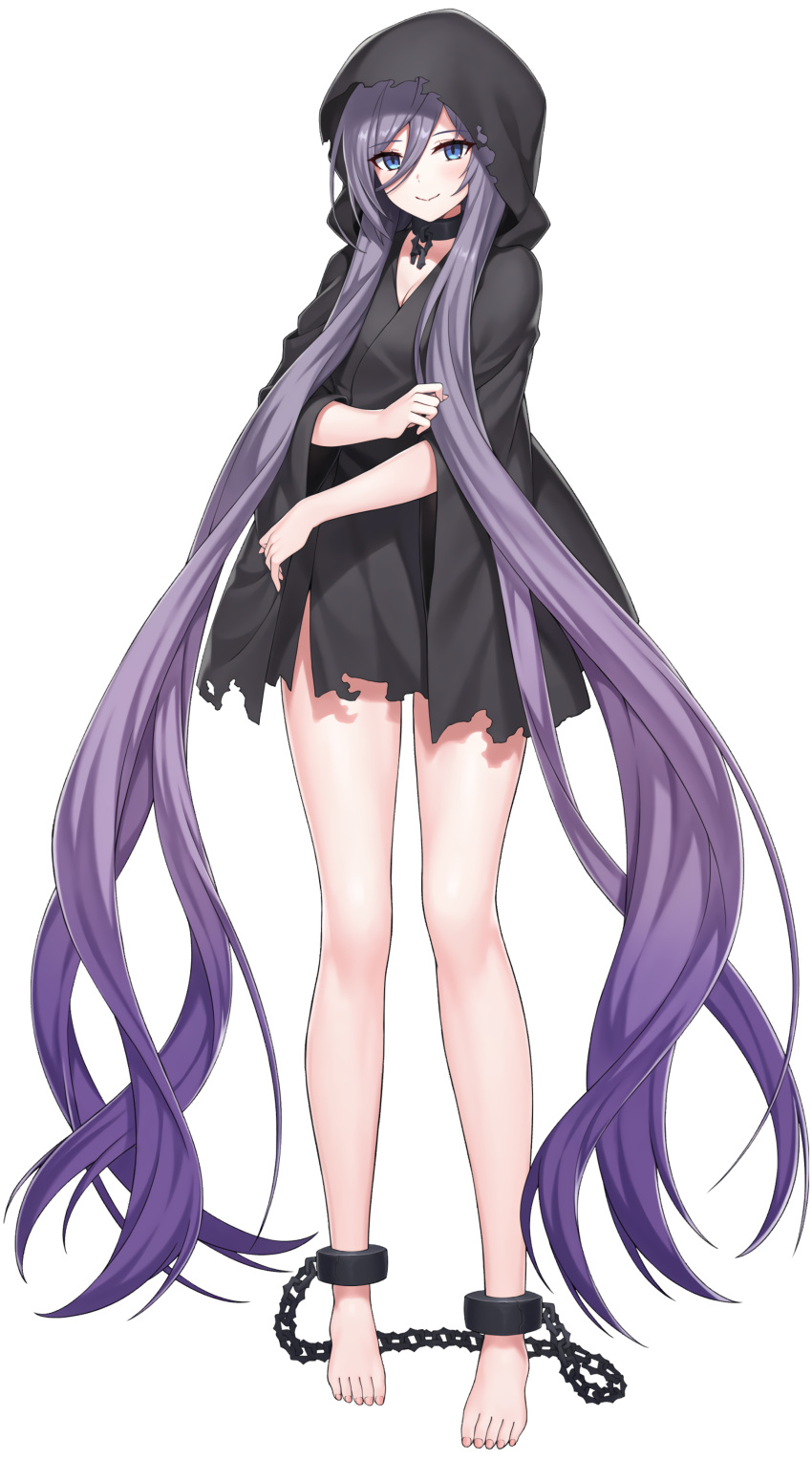 1girl absurdres ankle_cuffs barefoot blue_eyes chain collar counter:side cuffs full_body highres light_smile long_hair official_art purple_hair rags smile solo standing tachi-e toes torn_clothes transparent_background