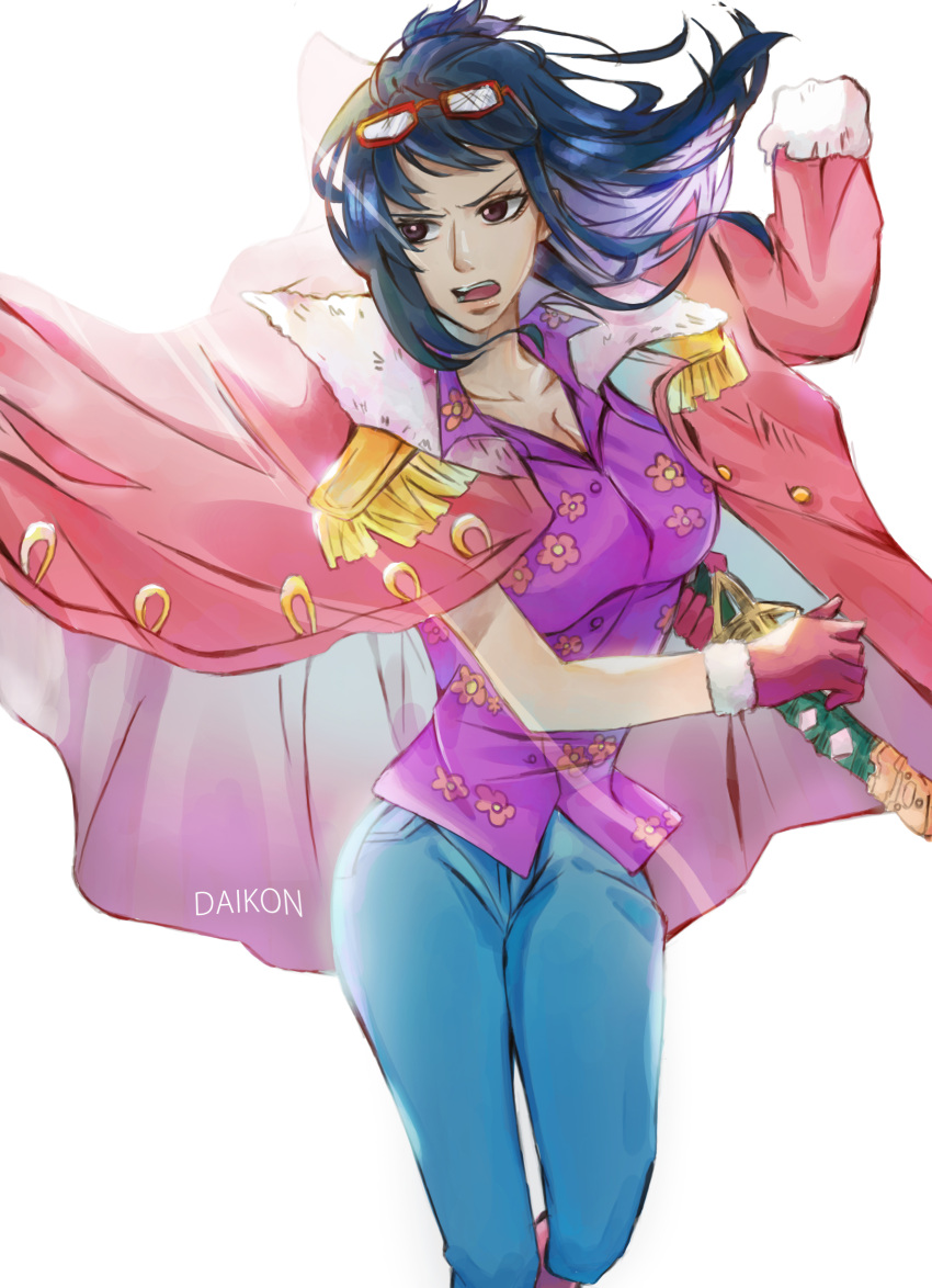 1girl absurdres blue_hair coat collared_shirt commentary_request cowboy_shot daikon_illustrations denim epaulettes eyewear_on_head floating_clothes floral_print gloves highres holding holding_sword holding_weapon jeans long_coat long_hair looking_to_the_side one_piece open_mouth pants pink_coat pink_footwear pink_gloves purple_eyes purple_shirt shirt simple_background solo sword tashigi weapon white_background