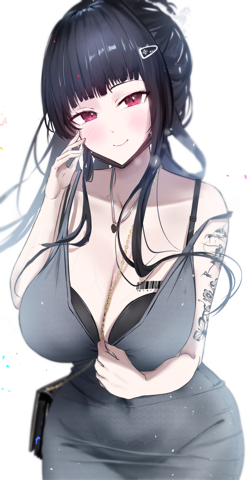 1girl absurdres bag barcode barcode_tattoo black_bra black_dress black_hair black_nails blunt_bangs blush bra breast_tattoo breasts butterfly_tattoo cleavage closed_mouth covered_navel cowboy_shot d_(killer_wife)_(nikke) d_(nikke) dongtan_dress dress goddess_of_victory:_nikke heart heart_necklace highres jewelry large_breasts long_hair looking_at_viewer meme_attire nail_polish necklace official_alternate_costume red_eyes smile solo tattoo underwear yuki_daruma404