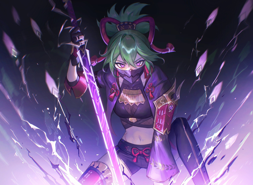 1girl black_background black_gloves black_shirt black_shorts black_thighhighs cropped_jacket electricity electrokinesis fingerless_gloves genshin_impact gloves green_hair highres holding holding_sword holding_weapon jacket kgynh kuki_shinobu long_sleeves looking_ahead looking_at_viewer midriff navel open_clothes open_jacket purple_eyes purple_jacket shirt short_shorts shorts solo sword thighhighs weapon