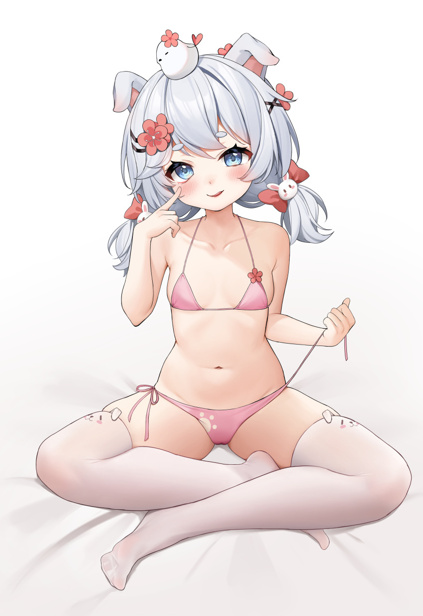 1girl absurdres animal_ear_legwear animal_ears animal_on_head armpit_crease baiyuan_yaoyao bikini bird bird_on_head blue_eyes blush bow breasts cameltoe collarbone dog_ear_legwear dog_ears dog_girl finger_to_cheek flower full_body grey_hair groin hair_bow hair_flower hair_ornament hairclip head_tilt highres index_finger_raised indian_style indie_virtual_youtuber lenka1264504528 licking_lips looking_at_viewer low_twintails medium_hair micro_bikini navel no_shoes on_head paw_print pink_bikini rabbit_hair_ornament red_bow red_flower side-tie_bikini_bottom simple_background sitting skindentation small_breasts solo stomach swimsuit thick_eyebrows thighhighs thighs tongue tongue_out twintails untied_bikini untying virtual_youtuber white_background white_hair white_thighhighs x_hair_ornament