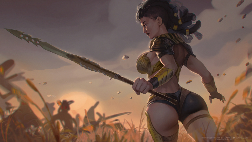 1girl armor ass back breastplate breasts buzz_cut commission cowboy_shot dreadlocks english_commentary eva_solo field from_behind highres holding holding_polearm holding_weapon large_breasts looking_afar medium_hair original pinup_(style) polearm scar scar_on_face short_hair shorts solo spear tall_grass thigh_strap vambraces very_short_hair weapon