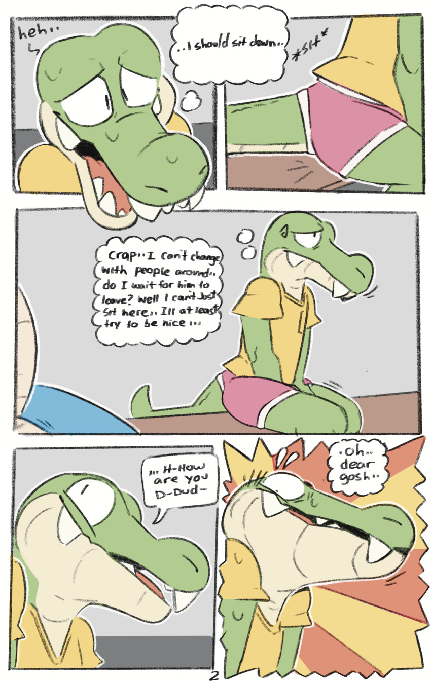 absurd_res alligator alligatorid anthro blush clothed clothing comic crocodile crocodilian crocodylid dialogue duo english_text genitals green_body hi_res male male/male nude penis reptile scalie simple_background smile sodacaps solo speech_bubble tail teeth text