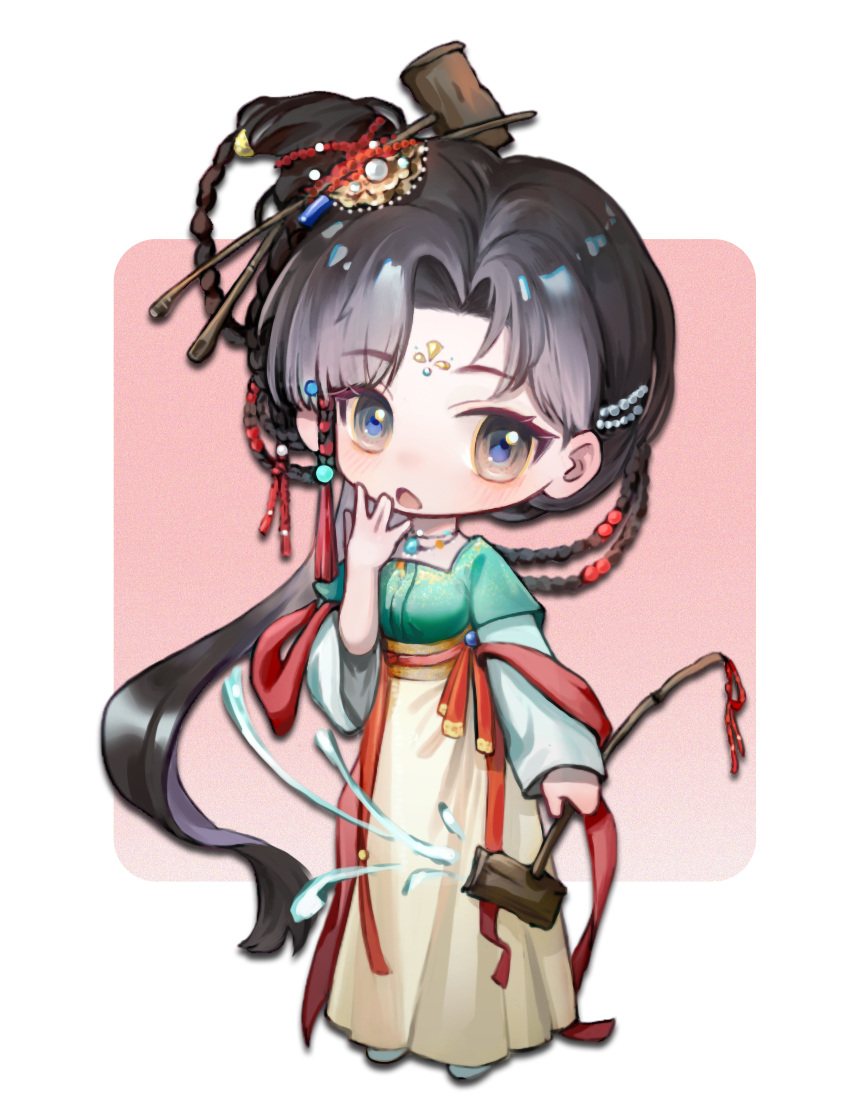 1girl :o absurdres black_eyes black_hair chibi chinese_clothes chinese_hairpin dipper eya_(athas) facial_mark forehead_mark full_body green_shirt hair_bun hair_ornament hand_to_own_mouth hand_up hanfu high-waist_skirt highres holding holding_spoon jiu_niangzi layered_sleeves liquid long_hair long_skirt long_sleeves looking_at_viewer red_background red_shawl reverse:1999 shawl shirt short_over_long_sleeves short_sleeves single_side_bun skirt solo spilling spoon standing tassel tassel_hair_ornament two-tone_background yellow_skirt