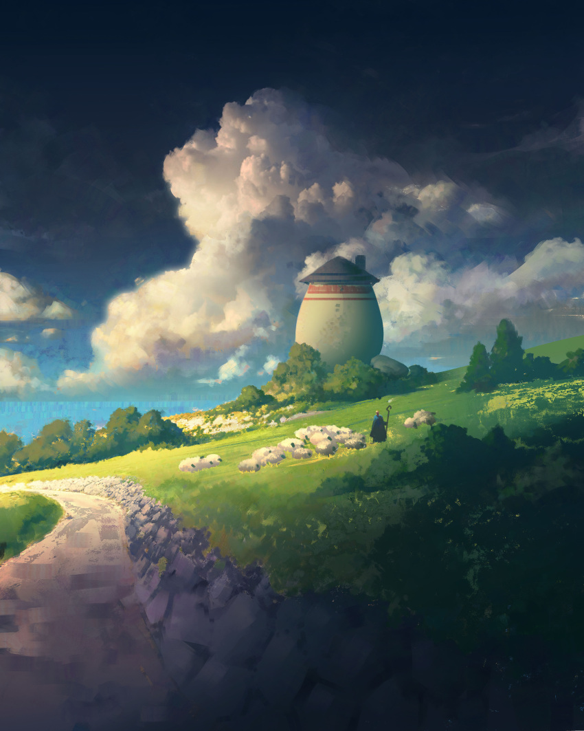 1other absurdres ambiguous_gender blue_sky building cloud day dutch_angle field grass highres landscape original outdoors photoshop_(medium) richardlay road scenery sheep shepherd sky tree very_wide_shot