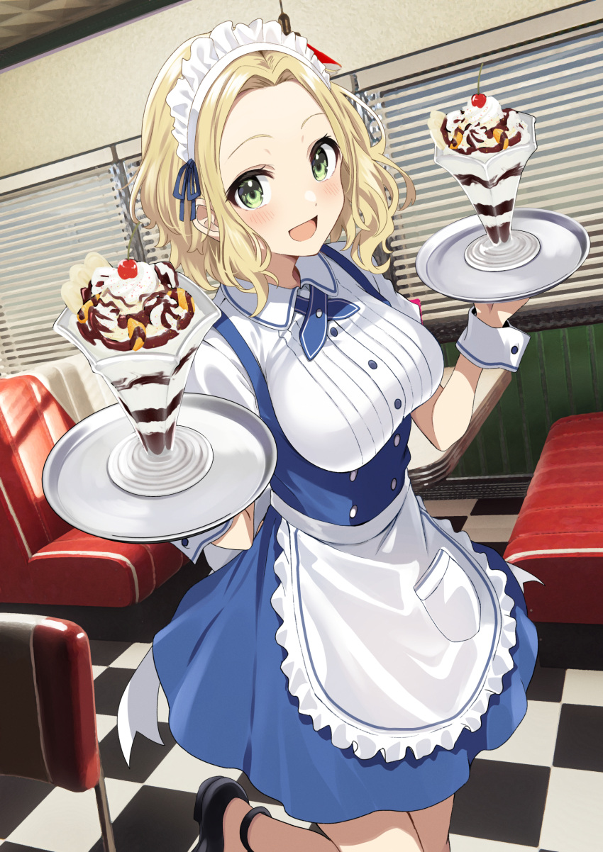 1girl :d absurdres apron black_footwear blonde_hair blue_dress breasts chair checkered_floor cropped_legs dress green_eyes highres holding holding_tray looking_at_viewer maid maid_headdress medium_breasts medium_hair original parfait restaurant shirt siokazunoko smile standing standing_on_one_leg tile_floor tiles tray waitress wavy_hair white_apron white_shirt window window_blinds