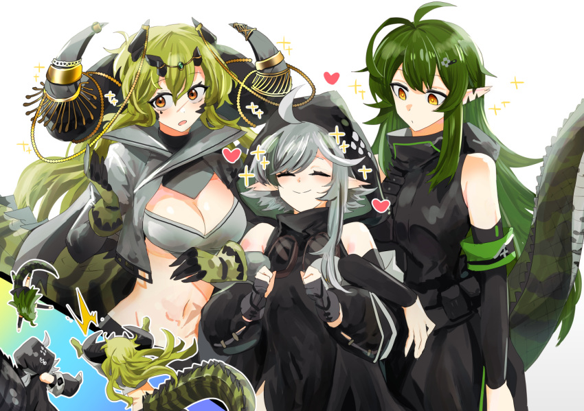 3girls ahoge antenna_hair arknights arm_at_side armband arms_up bare_shoulders black_gloves black_sleeves breasts cleavage closed_eyes crocodilian_tail cropped_shirt detached_sleeves estelle_(arknights) gavial_(arknights) gloves goggles goggles_around_neck green_armband green_hair grey_shirt hair_between_eyes hands_up heart hood hood_up horn_ornament horns iwashi_80 locked_arms long_hair looking_at_another looking_to_the_side material_growth midair midriff multiple_girls navel open_mouth oripathy_lesion_(arknights) partially_fingerless_gloves pointy_ears scar scar_on_face shirt short_hair_with_long_locks sideways_glance simple_background sleeveless sleeveless_shirt smile sparkle tail tomimi_(arknights) white_background yellow_eyes