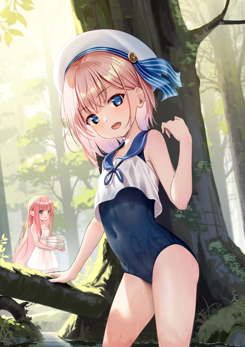 2girls :d :o bare_arms bare_shoulders beret blue_eyes blue_one-piece_swimsuit blue_sailor_collar brown_hair commentary_request dress forest hand_up hat highres holding holding_towel long_hair looking_at_viewer multiple_girls nature one-piece_swimsuit original pink_hair sailor_collar shirt sleeveless sleeveless_dress sleeveless_shirt smile standing swimsuit swimsuit_under_clothes towel tree very_long_hair water wet white_dress white_headwear white_shirt yan_(nicknikg)