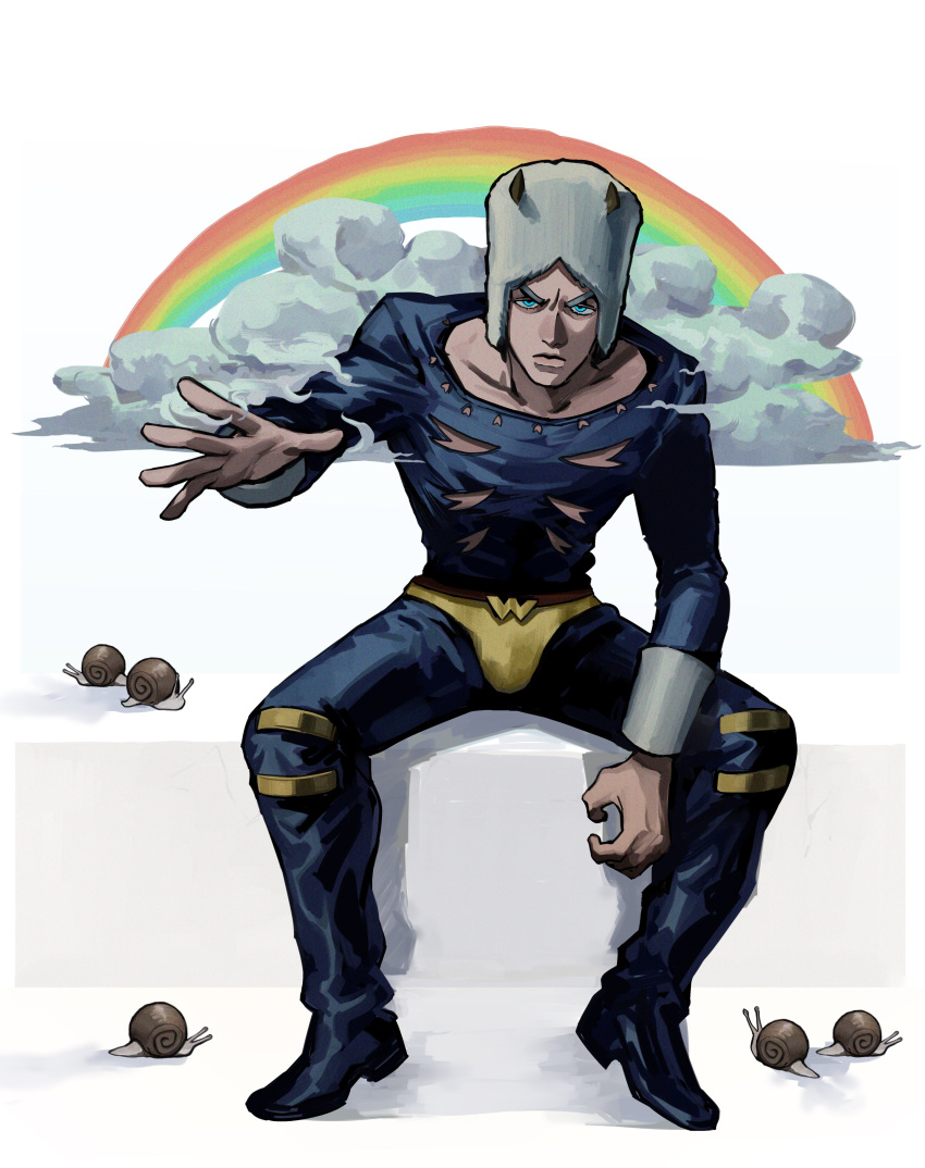 1boy absurdres blue_eyes cloud commentary fake_horns frown full_body hat highres horned_headwear horns hunched_over jojo_no_kimyou_na_bouken ma2_ereki male_focus rainbow serious sitting snail solo stone_ocean symbol-only_commentary v-shaped_eyebrows weather_report