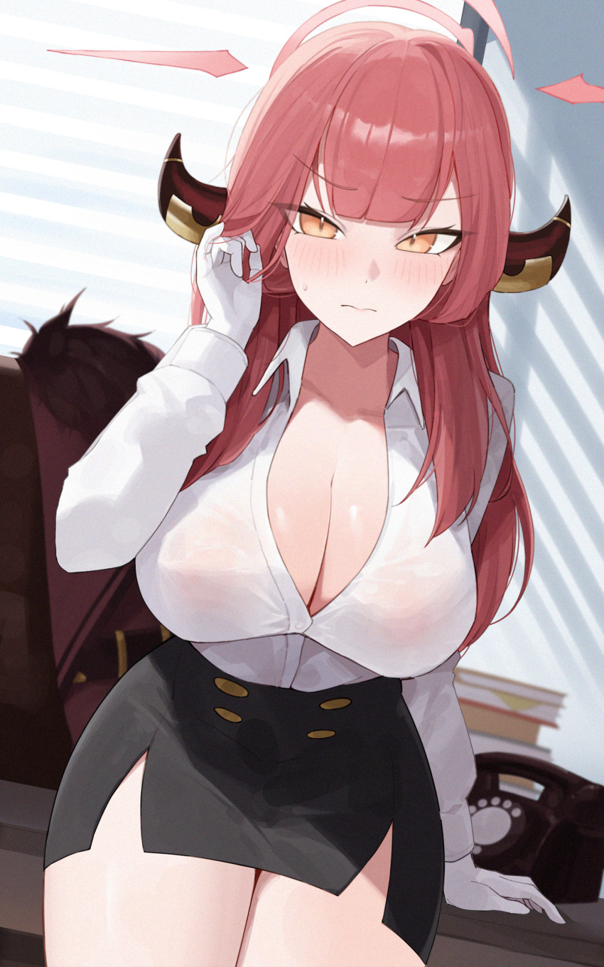 1girl absurdres antique_phone arm_support aru_(blue_archive) black_skirt blue_archive blush breasts cleavage coat collarbone commentary demon_horns fur-trimmed_coat fur_trim gloves halo highres horns indoors large_breasts looking_at_viewer no_bra open_collar pencil_skirt pink_hair shirt shirt_tucked_in skirt solo sweatdrop thighs unworn_coat weimiaw white_gloves white_shirt window_blinds
