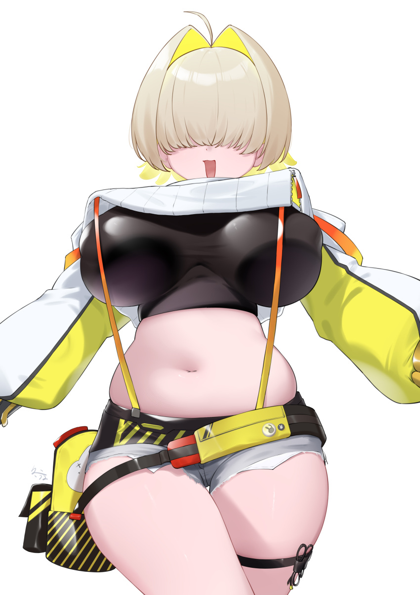 1girl absurdres ahoge blonde_hair breasts breasts_apart commentary commentary_request covered_nipples cowboy_shot dongye1551 dot_nose elegg_(nikke) exposed_pocket facing_viewer goddess_of_victory:_nikke grey_shorts hair_intakes hair_over_eyes highres large_breasts long_bangs long_sleeves medium_hair multicolored_hair navel open_mouth outstretched_arms plump short_shorts shorts simple_background solo straight-on suspender_shorts suspenders thick_thighs thigh_strap thighs two-tone_hair unzipped white_background zipper zipper_pull_tab