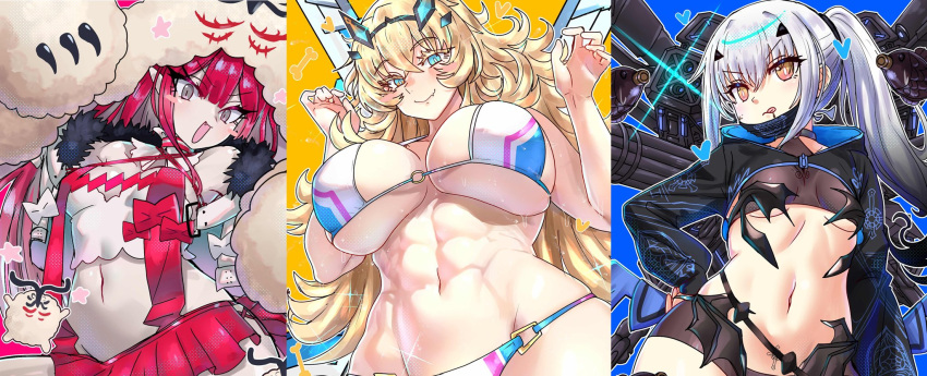 3girls abs animal_hands aqua_eyes baobhan_sith_(fate) baobhan_sith_(swimsuit_pretender)_(fate) baobhan_sith_(swimsuit_pretender)_(first_ascension)_(fate) barghest_(fate) barghest_(swimsuit_archer)_(fate) barghest_(swimsuit_archer)_(final_ascension)_(fate) bikini black_bikini blonde_hair blush breasts cernunnos_(fate) character_hood detached_collar ebora english_commentary fate/grand_order fate_(series) fish_bottle grey_eyes gun hair_ornament hairclip hand_on_own_hip headwear_with_attached_mittens highres huge_breasts jacket long_hair looking_at_viewer machine_gun mask melusine_(fate) melusine_(swimsuit_ruler)_(fate) melusine_(swimsuit_ruler)_(first_ascension)_(fate) midriff mouth_mask multicolored_bikini multicolored_clothes multiple_girls muscular muscular_female navel o-ring o-ring_bikini open_mouth pink_background pink_hair pointy_ears ponytail pubic_tattoo red_skirt rocket_launcher shiny_skin shrug_(clothing) sidelocks skindentation skirt small_breasts smile standing star_(symbol) swimsuit tattoo thighs tongue tongue_out two-tone_eyes underboob very_long_hair weapon white_bikini white_hair white_jacket yellow_eyes