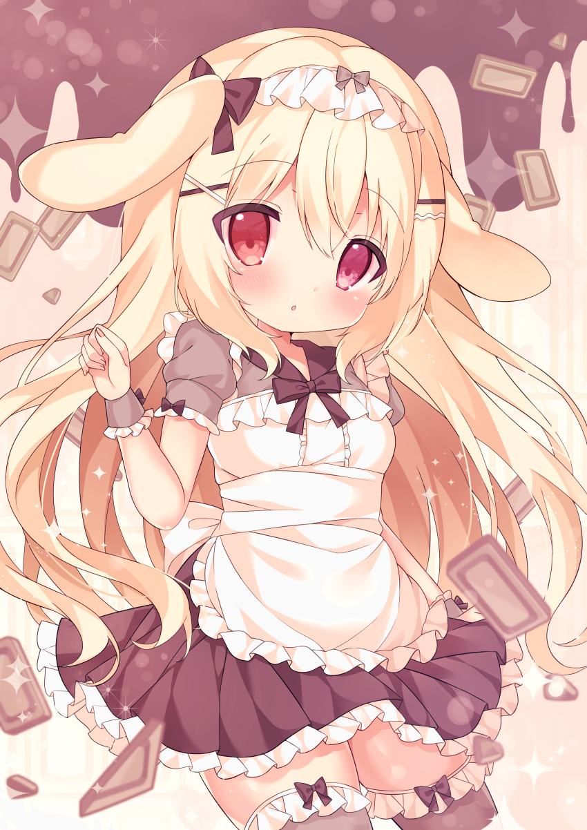 1girl :o absurdres animal_ears apron blonde_hair brown_thighhighs cowboy_shot dress frilled_thighhighs frills highres maid maid_apron maid_headdress mimikkyu_(mimikyunosub) original rabbit_ears red_eyes thighhighs