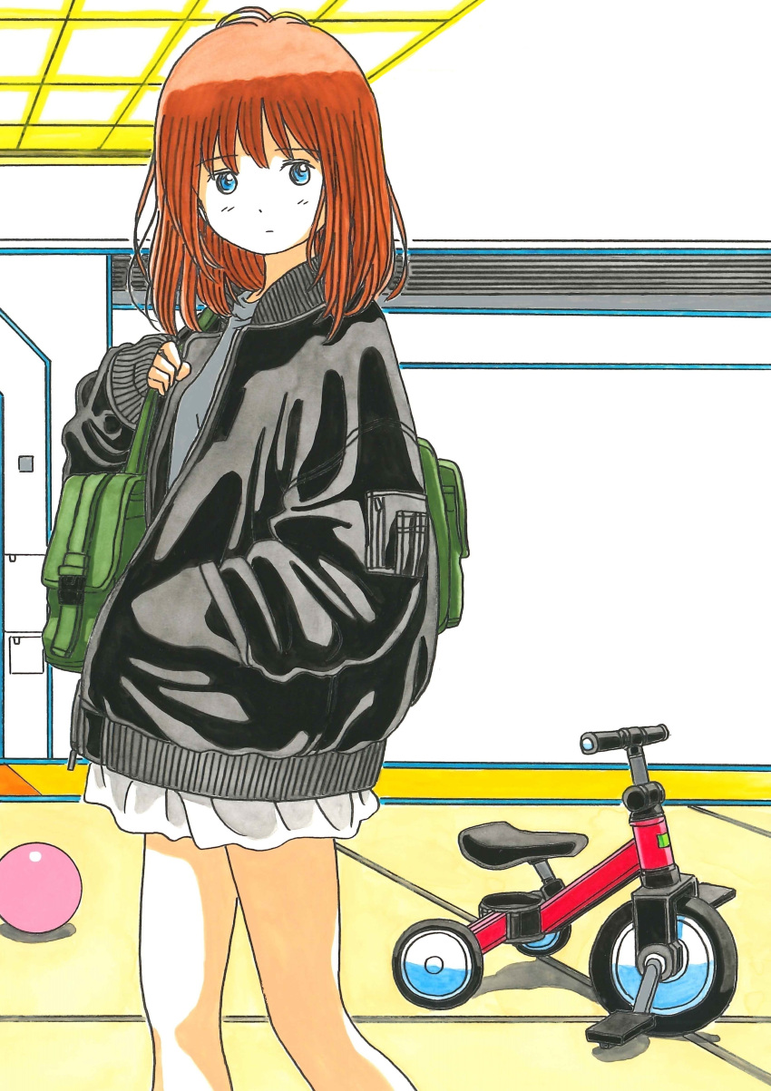 1980s_(style) 1girl absurdres bag ball bare_legs black_jacket blue_eyes brown_hair closed_mouth expressionless feet_out_of_frame green_bag hand_in_pocket highres indoors jacket long_sleeves looking_at_viewer marker_(medium) medium_hair orange_hair original retro_artstyle shirt skirt sleeves_past_wrists solo standing take_(orion_transport) traditional_media tricycle white_skirt