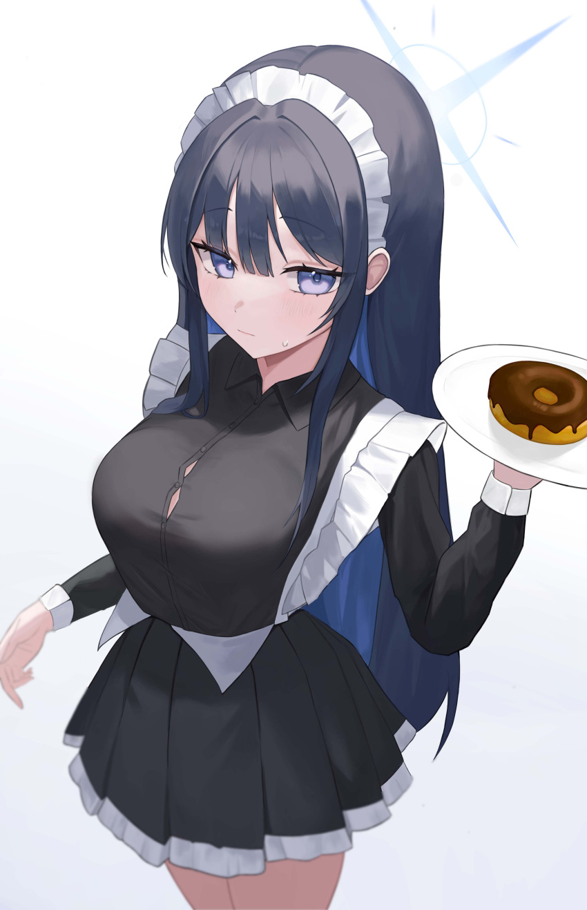 1girl absurdres alternate_costume black_dress black_hair blue_archive blue_eyes blue_hair blue_halo blurry breasts button_gap closed_mouth commentary_request depth_of_field doughnut dress enmaided food halo hand_up highres holding holding_plate large_breasts light_blush long_sleeves looking_at_viewer lumoon maid maid_headdress plate pleated_dress saori_(blue_archive) simple_background solo white_background white_headdress