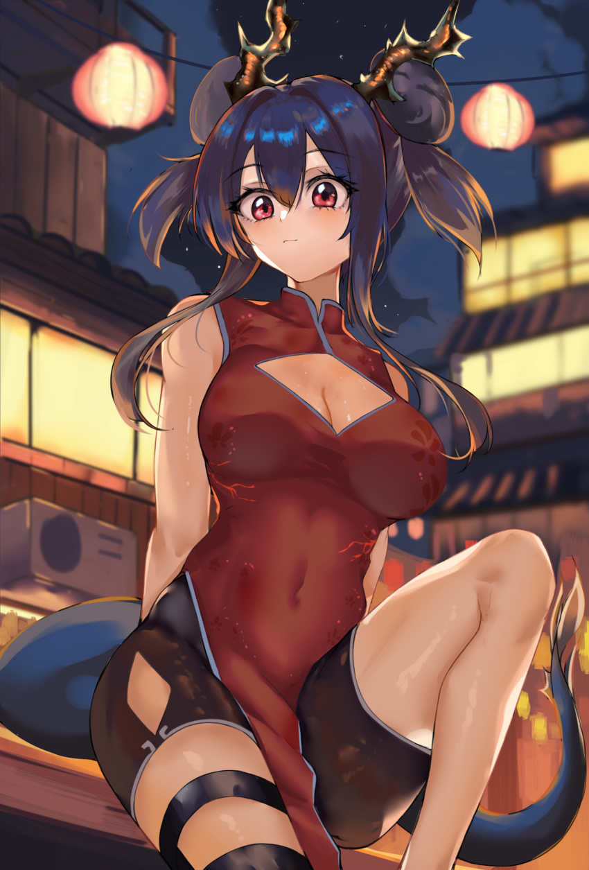 1girl absurdres arknights bare_shoulders black_shorts blue_hair breasts ch'en_(ageless_afterglow)_(arknights) ch'en_(arknights) china_dress chinese_clothes cleavage cleavage_cutout clothing_cutout commentary_request covered_navel double_bun dragon_horns dragon_tail dress feet_out_of_frame hair_between_eyes hair_bun highres horns knee_up large_breasts long_hair looking_at_viewer nestleo official_alternate_costume red_dress red_eyes short_shorts shorts sidelocks sitting sleeveless sleeveless_dress solo tail thigh_strap thighs twintails