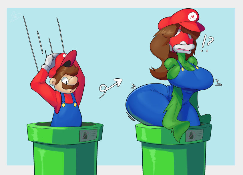 2024 ?! big_breasts breasts brown_hair brown_mustache clothed clothing dreamerknight elemental_creature facial_hair female flora_fauna fully_clothed gender_transformation growth hair hair_growth hat headgear headwear hi_res huge_breasts human male mammal mario mario_bros mtf_transformation mustache nintendo overalls piranha_plant plant transformation warp_pipe