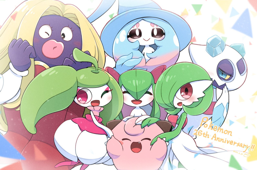 anniversary black_sclera blonde_hair blue_eyes blue_hair clefairy colored_sclera fang froslass gardevoir green_hair hatterene jynx kirlia long_hair looking_at_viewer open_mouth pink_eyes pokemon pokemon_(creature) smile steenee yuki_min_30