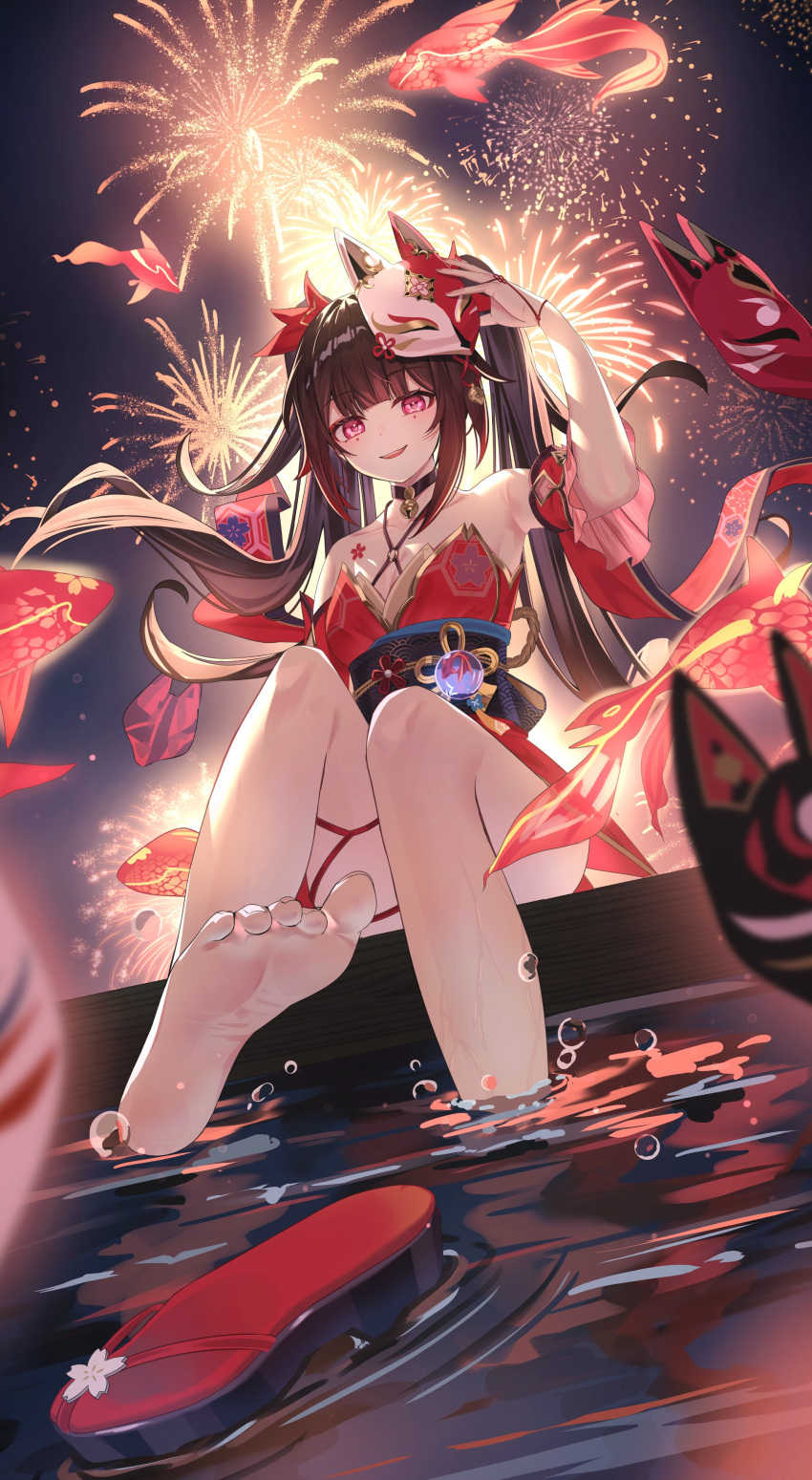 1girl absurdres bare_shoulders barefoot bell black_choker bow breasts brown_hair choker dress fox_mask gloves hair_bow highres honkai:_star_rail honkai_(series) komiya_latte long_hair looking_at_viewer mask mask_on_head neck_bell open_mouth pink_eyes presenting_foot red_bow red_dress sleeveless smile soles solo sparkle_(honkai:_star_rail) toes twintails