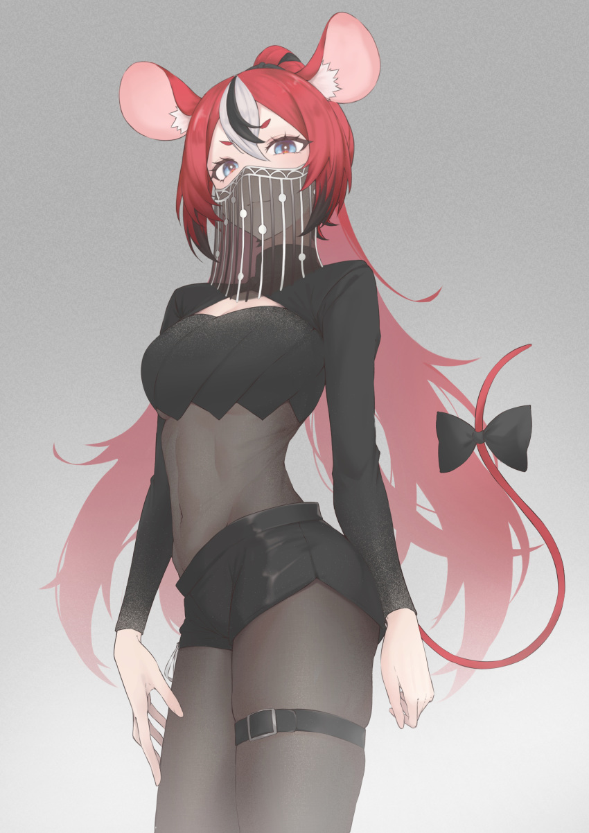 1girl a9_(repainter) absurdres animal_ears black_hair blackberry_baelz blue_eyes bodystocking bow breasts covered_navel grey_background grey_hair hair_between_eyes hakos_baelz highres hololive hololive_english long_sleeves looking_at_viewer medium_breasts mouse_ears mouse_girl mouse_tail mouth_veil ponytail red_hair see-through shorts shrug_(clothing) simple_background skindentation solo strapless tail tail_bow tail_ornament thigh_strap tube_top veil