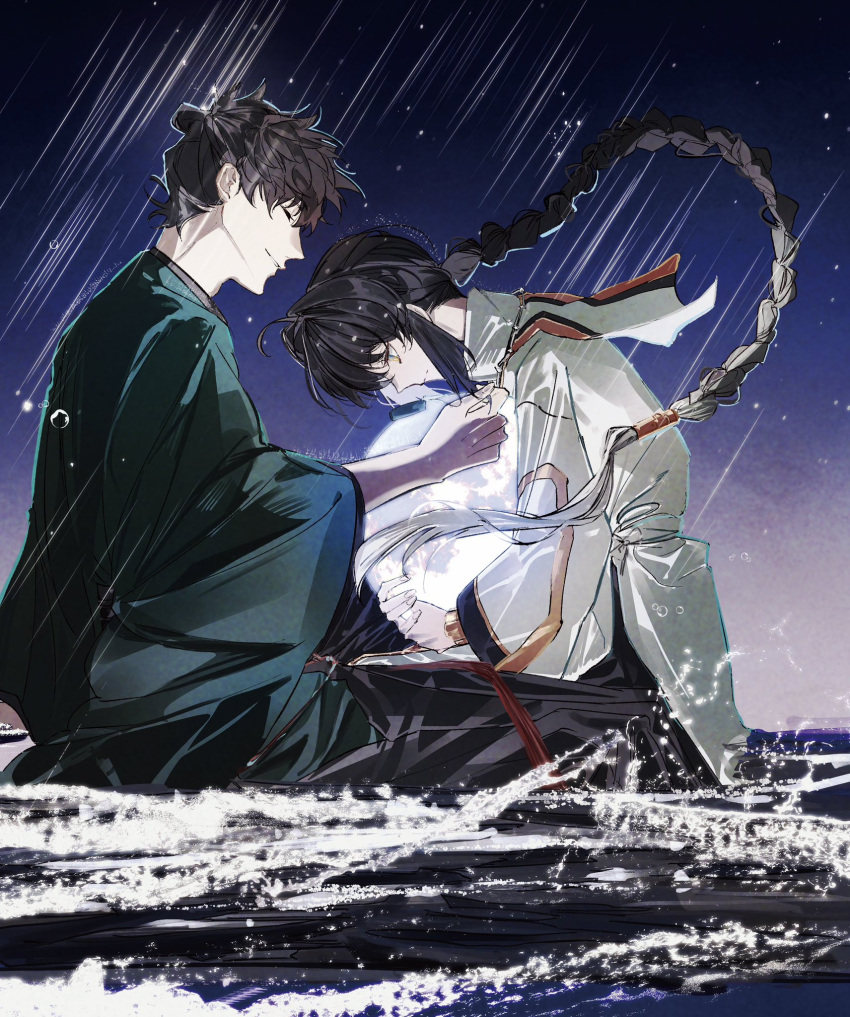 1boy 1other ahoge androgynous black_hair black_hakama blue_kimono bracelet braid braided_ponytail closed_eyes fate/samurai_remnant fate_(series) hair_intakes hakama highres holding_moon japanese_clothes jewelry kimono miyamoto_iori_(fate) moon necklace night night_sky orange_eyes sasakitogd sidelocks single_braid sitting_on_water sky smile topknot water yamato_takeru_(fate)