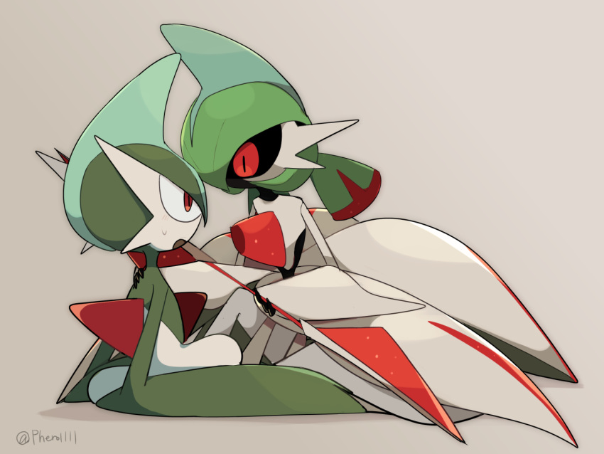 a-nya artist_name gallade grey_background holding holding_weapon iron_valiant multicolored_armor on_floor pokemon pokemon_(creature) red_eyes robot simple_background sweatdrop twintails waist_cape weapon