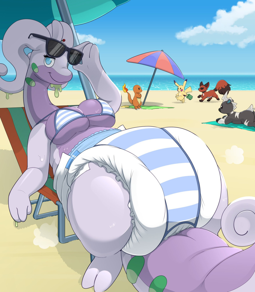 2022 anthro beach bikini blitzle bodily_fluids breasts bucket bunnykisses chair charmander clothing cloud container diaper digital_media_(artwork) eyewear female furniture goodra hi_res lounge_chair nickit nintendo parasol pikachu pok&eacute;mon pok&eacute;mon_(species) relaxing sand seaside slime smile sunglasses sweat swimwear video_games water