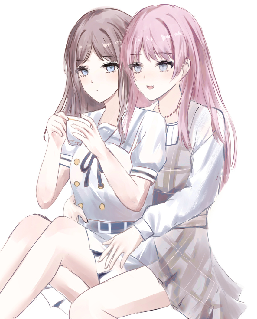 2girls absurdres bang_dream! bang_dream!_it's_mygo!!!!! belt blue_belt blue_eyes blue_ribbon brown_hair chihaya_anon closed_mouth commentary cup dress fang grey_dress grey_eyes highres holding holding_cup jewelry long_hair long_sleeves multiple_girls nagasaki_soyo neck_ribbon necklace open_mouth pinafore_dress pink_hair pleated_skirt puffy_short_sleeves puffy_sleeves ribbon sailor_collar school_uniform serafuku shirt short_sleeves sidelocks simple_background sitting sitting_between_lap skirt sleeveless sleeveless_dress tsukinomori_school_uniform white_background white_sailor_collar white_serafuku white_shirt white_skirt yingdaoyicha yuri