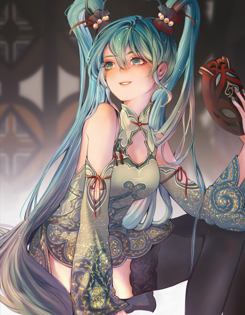1girl aqua_eyes aqua_hair bare_shoulders chinese_clothes detached_sleeves dress hair_ornament hatsune_miku highres long_hair smile stepcacc suigyoku_(module) thighhighs twintails very_long_hair vocaloid world's_end_dancehall_(vocaloid)
